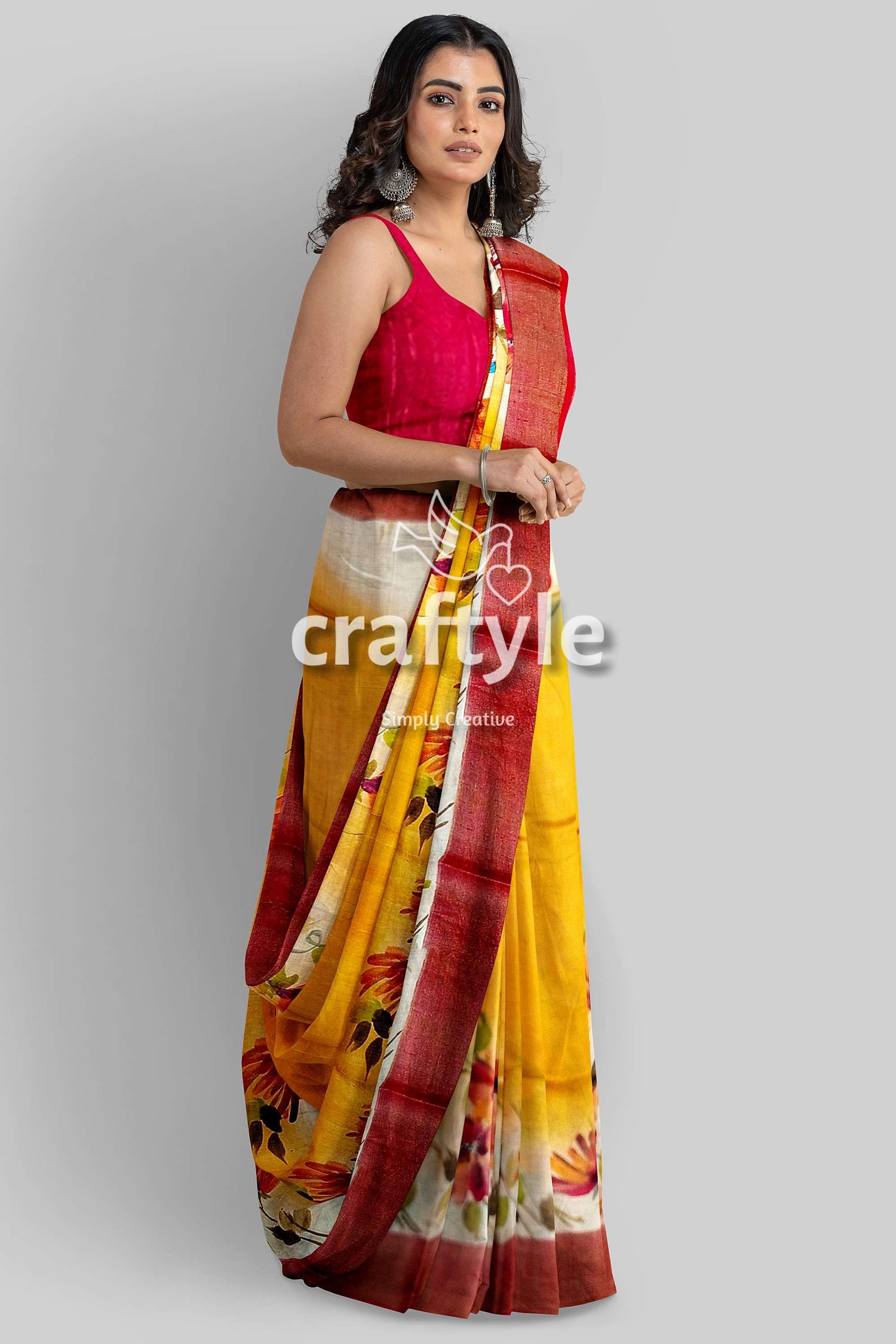 Hand Painted Yellow Orange Floral Zari Tussar Saree - Pure Tussar Fabric - Craftyle