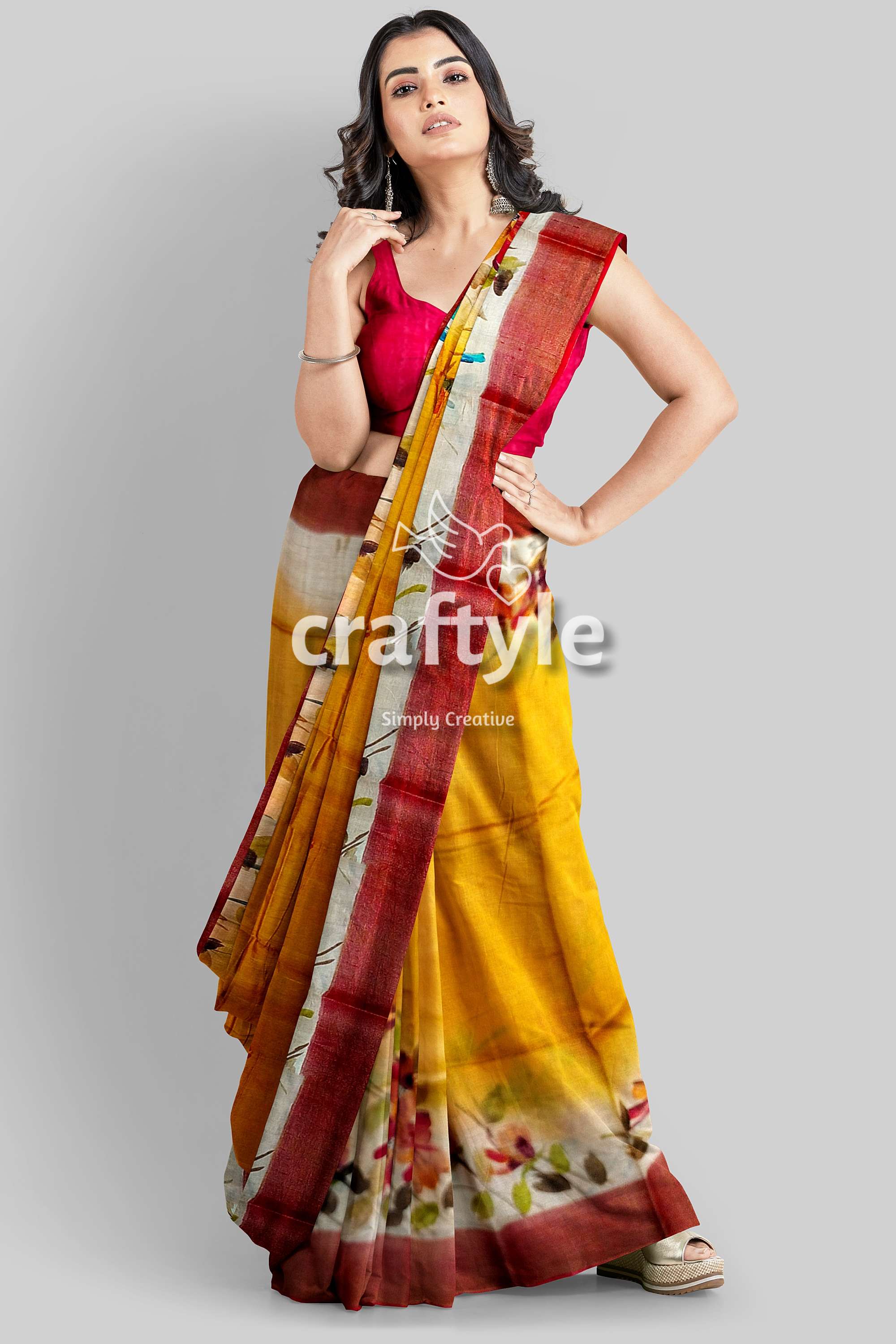 Hand Painted Yellow Orange Floral Zari Tussar Saree - Pure Tussar Fabric - Craftyle