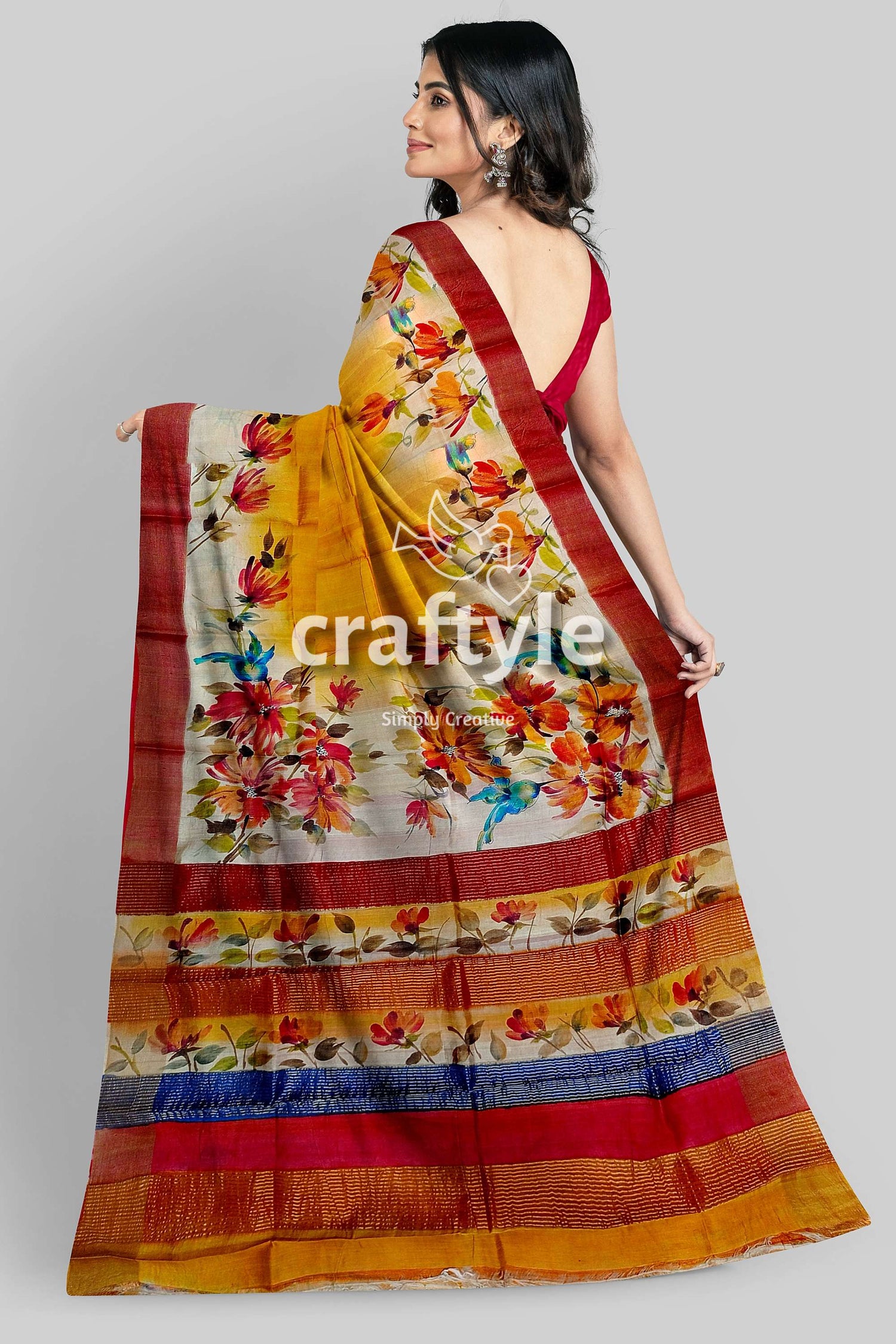 Hand Painted Yellow Orange Floral Zari Tussar Saree - Pure Tussar Fabric - Craftyle