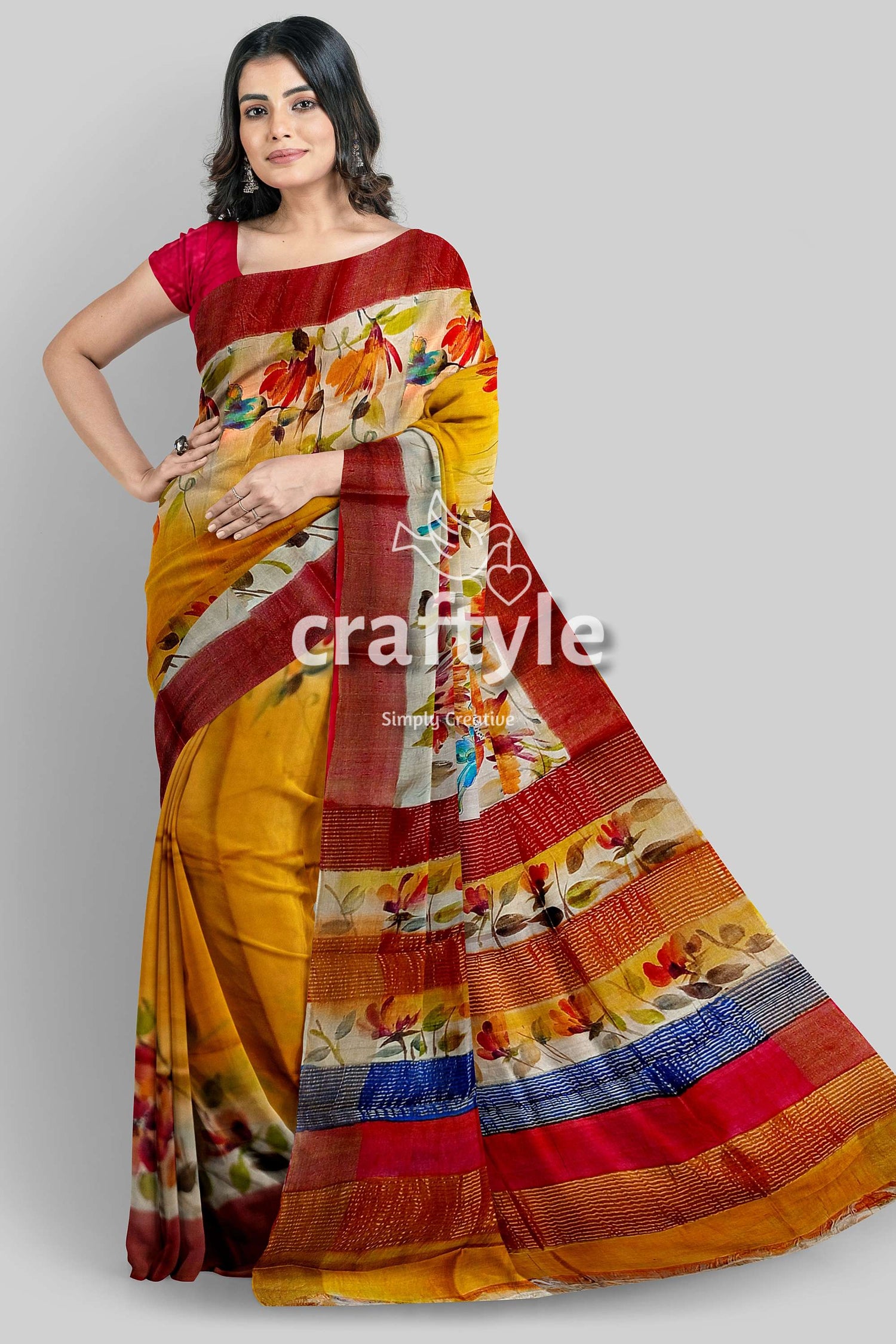 Hand Painted Yellow Orange Floral Zari Tussar Saree - Pure Tussar Fabric - Craftyle