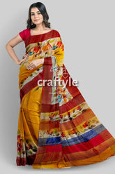 Hand Painted Yellow Orange Floral Zari Tussar Saree - Pure Tussar Fabric - Craftyle