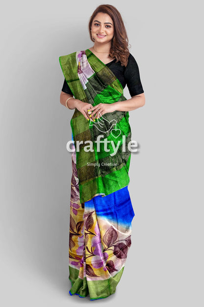 Hand Painted Zari Pure Tussar Saree - Floral Design for a Luxurious Look - Craftyle