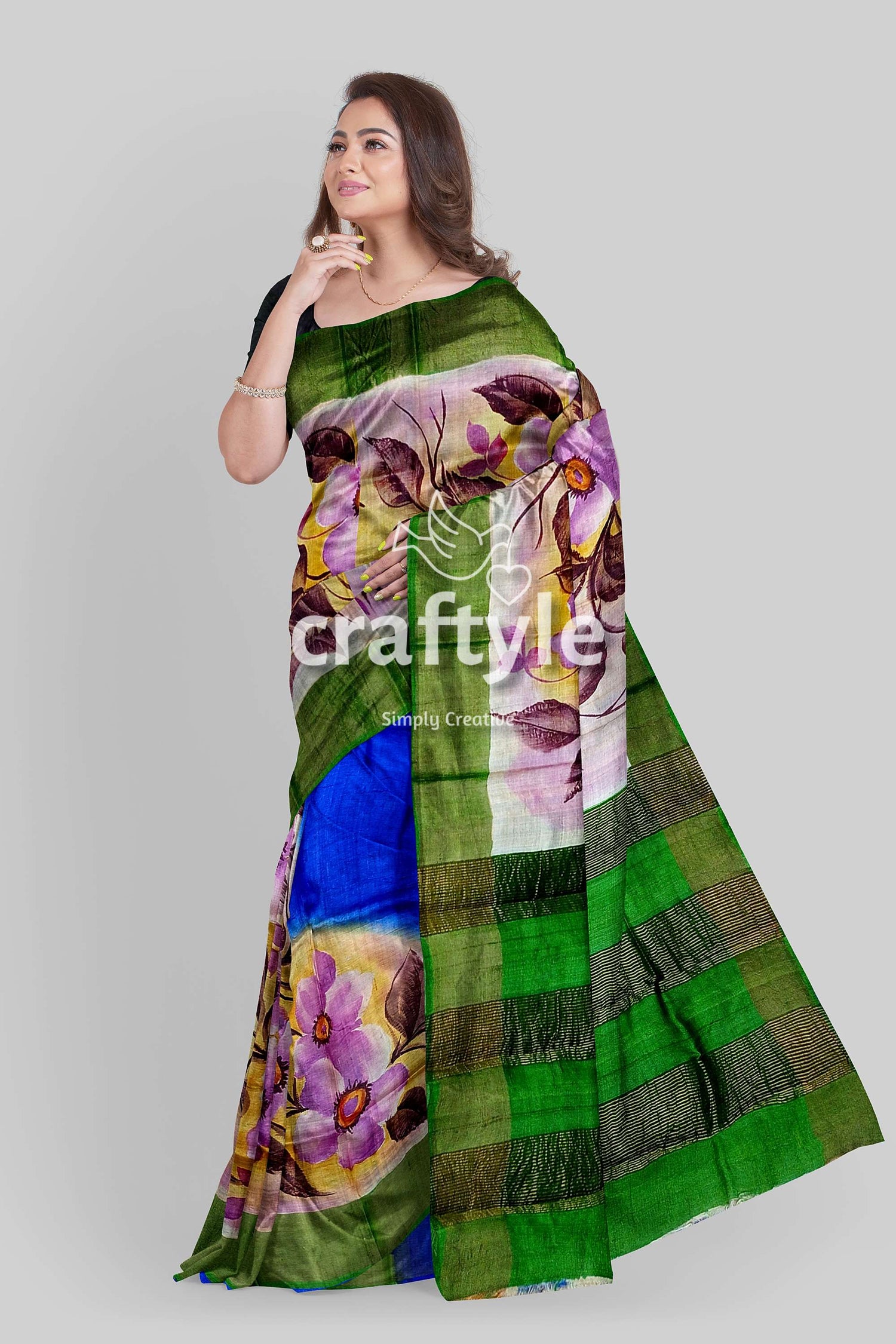 Hand Painted Zari Pure Tussar Saree - Floral Design for a Luxurious Look - Craftyle