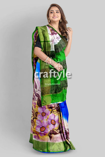 Hand Painted Zari Pure Tussar Saree - Floral Design for a Luxurious Look - Craftyle