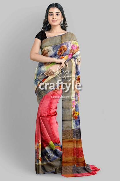 Hand Painted Zari Pure Tussar Silk Saree - Amaranth Pink Floral Design - Craftyle