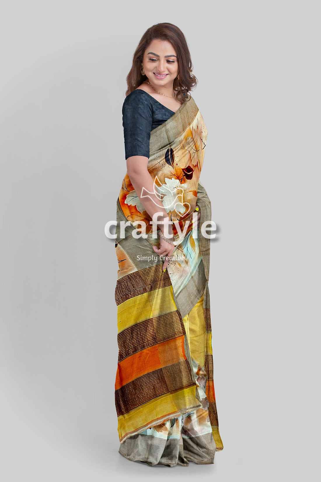 Hand-Painted Zari Tower Pure Tussar Silk Saree in Grey Yellow - Craftyle