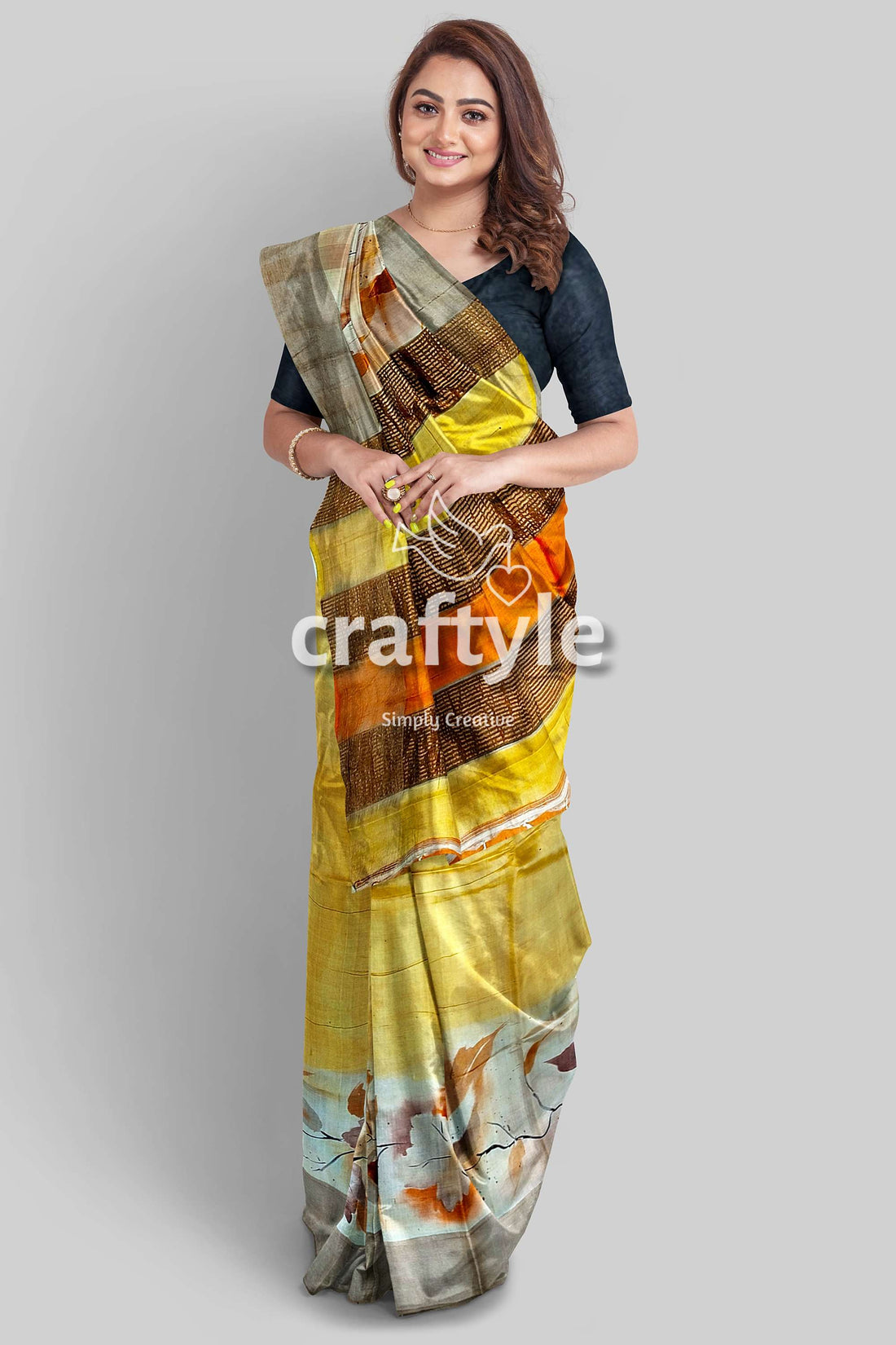 Hand-Painted Zari Tower Pure Tussar Silk Saree in Grey Yellow - Craftyle