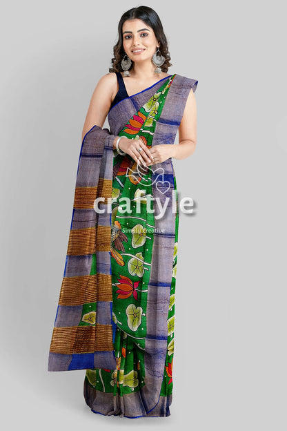 Handcrafted Fish Motif Pure Tussar Kalamkari Saree with Zari Border - Spanish Green - Craftyle