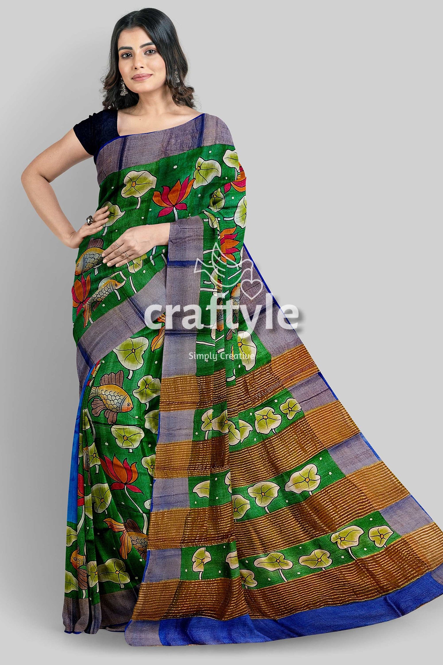 Handcrafted Fish Motif Pure Tussar Kalamkari Saree with Zari Border - Spanish Green - Craftyle