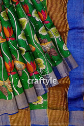 Handcrafted Fish Motif Pure Tussar Kalamkari Saree with Zari Border - Spanish Green - Craftyle