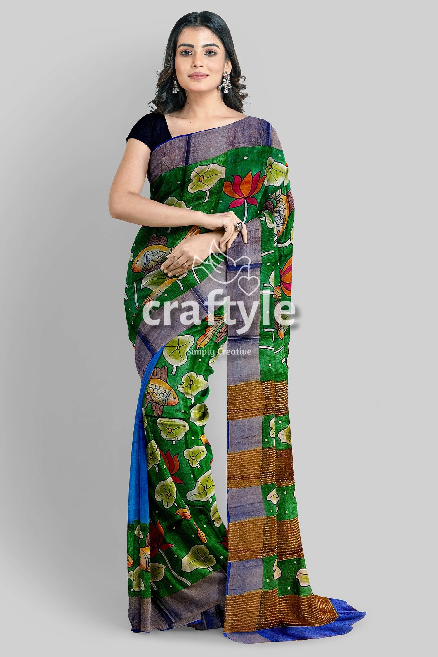 Handcrafted Fish Motif Pure Tussar Kalamkari Saree with Zari Border - Spanish Green - Craftyle