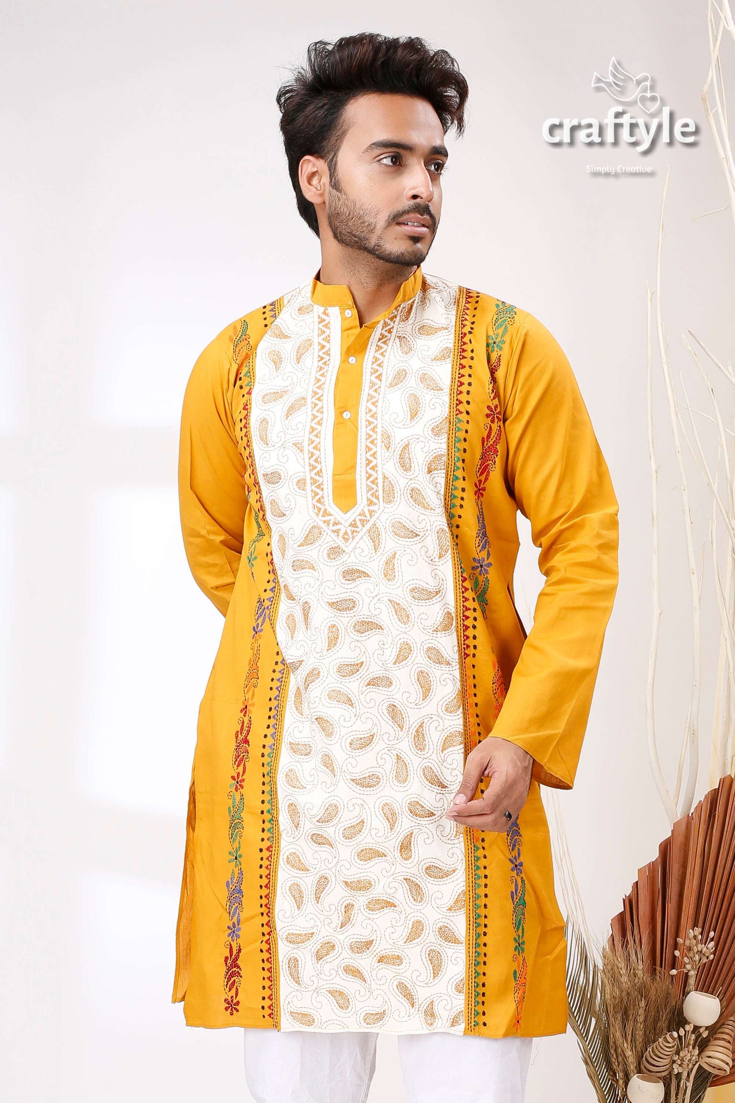 Harvest Gold and White Kantha Work Men&