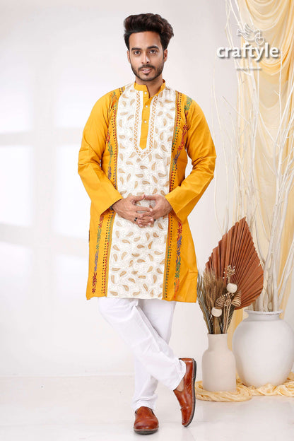 Harvest Gold and White Kantha Work Men&