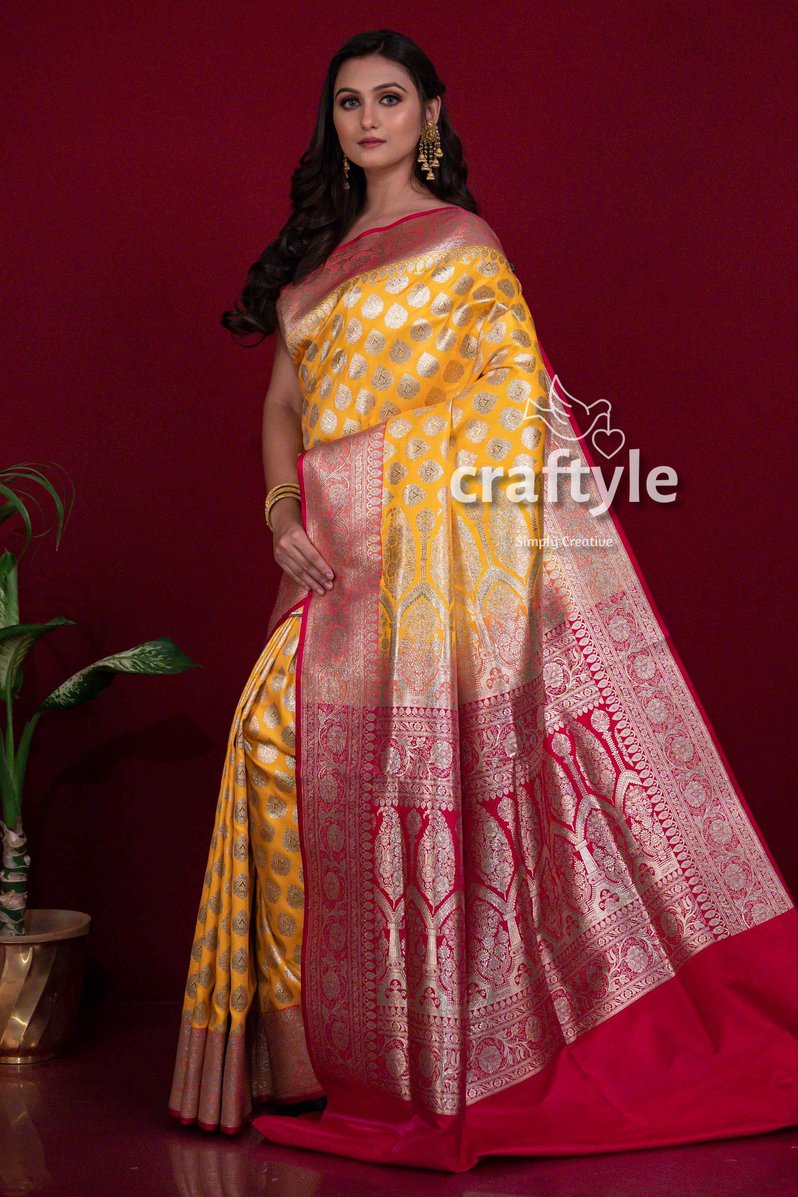 Honey Yellow Banarasi Satin Silk Saree for Women - Craftyle