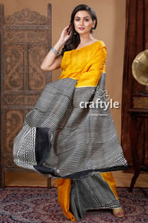 Honey Yellow & Black Hand Block Pure Mulberry Silk Saree - Craftyle