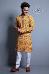 Honey Yellow Kalamkari Kurta - Ethnic Designer Mens Wear - Craftyle