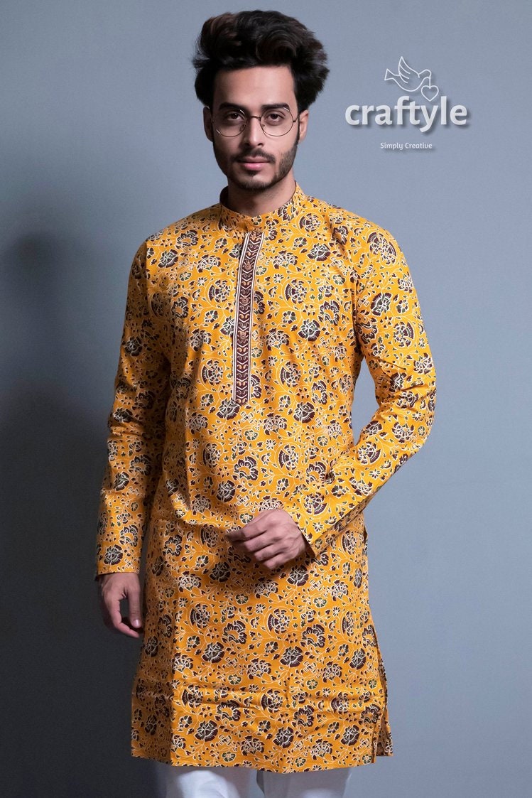 Honey Yellow Kalamkari Kurta - Ethnic Designer Mens Wear - Craftyle