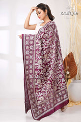 Imperial Purple Pure Bangalore Silk Kantha Stitch Shawl - Craftyle