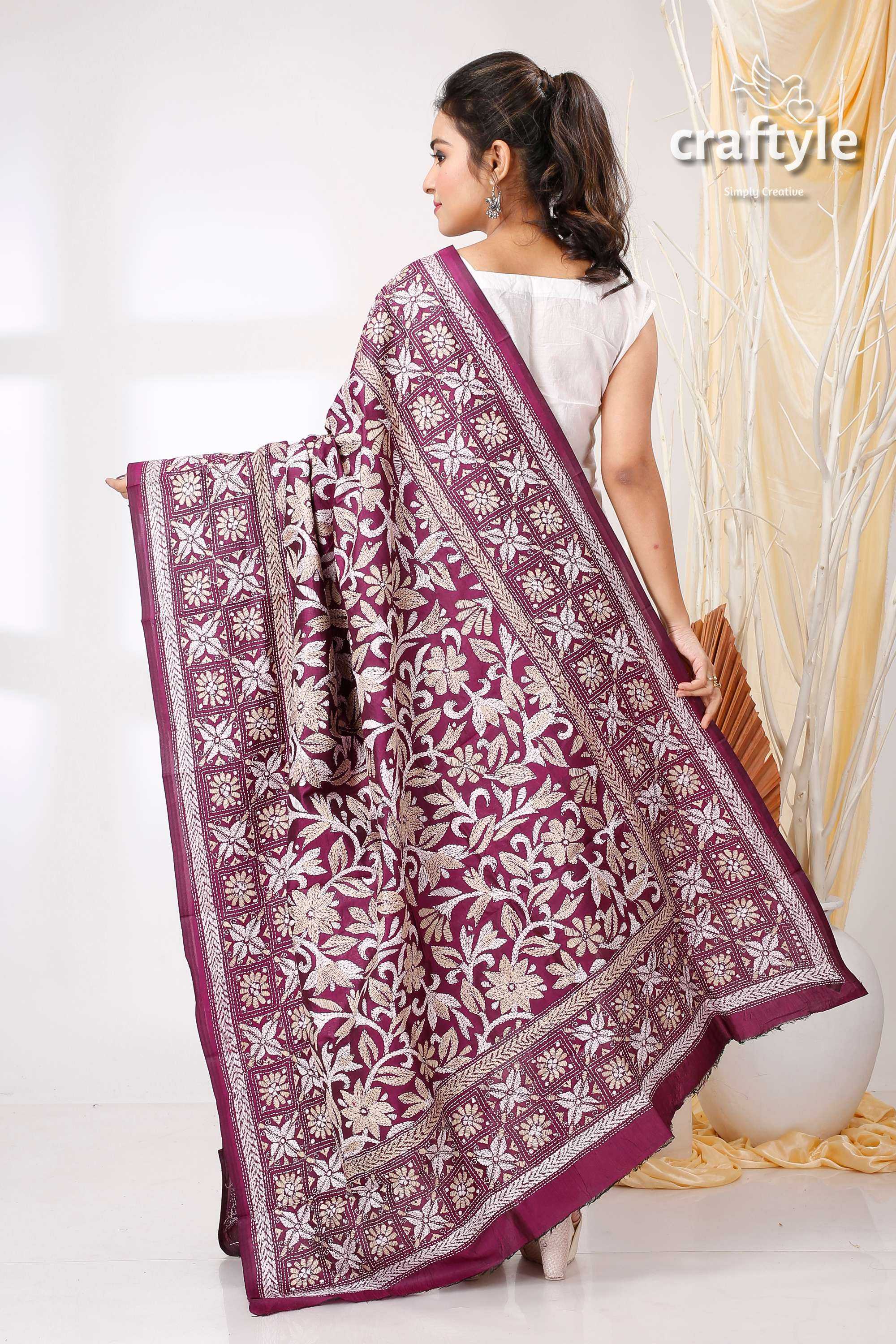 Imperial Purple Pure Bangalore Silk Kantha Stitch Shawl - Craftyle