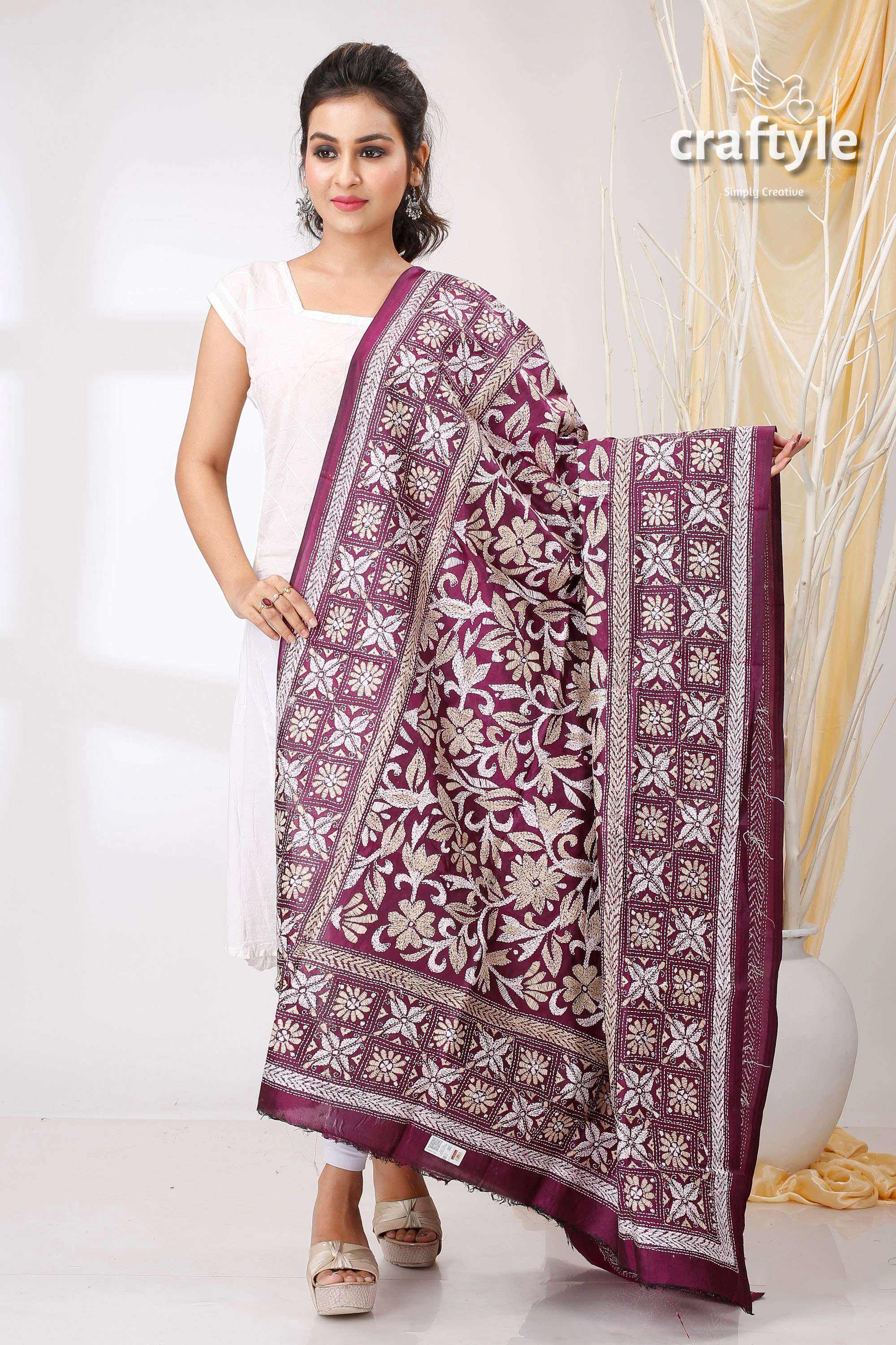 Imperial Purple Pure Bangalore Silk Kantha Stitch Shawl - Craftyle