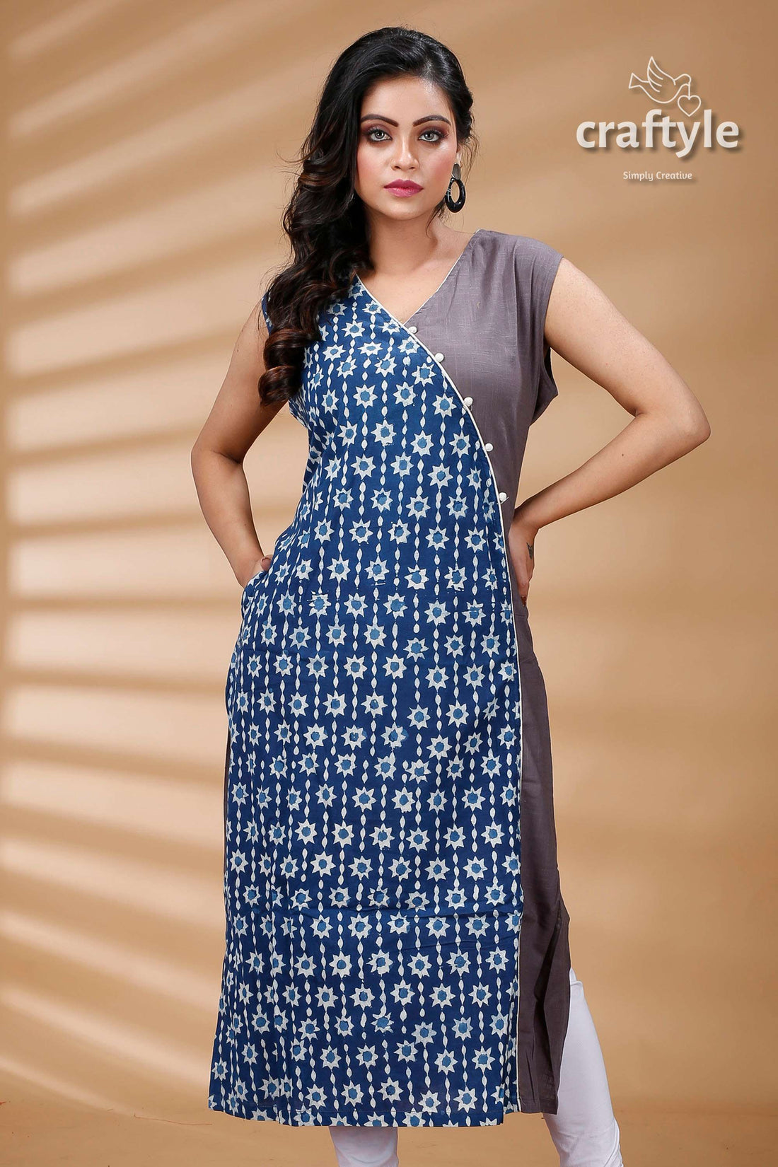 Indigo Blue Grey Pure Cotton Dabu Straight Kurti for Women - Craftyle