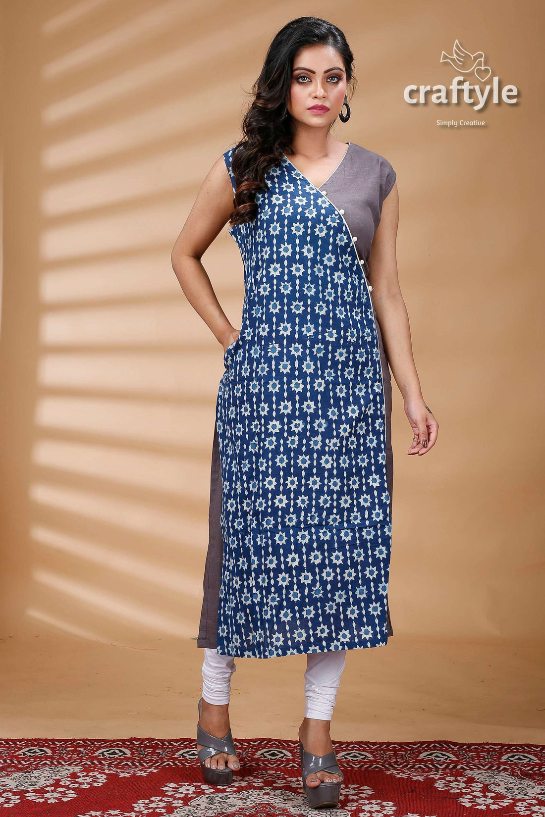 Indigo Blue Grey Pure Cotton Dabu Straight Kurti for Women - Craftyle