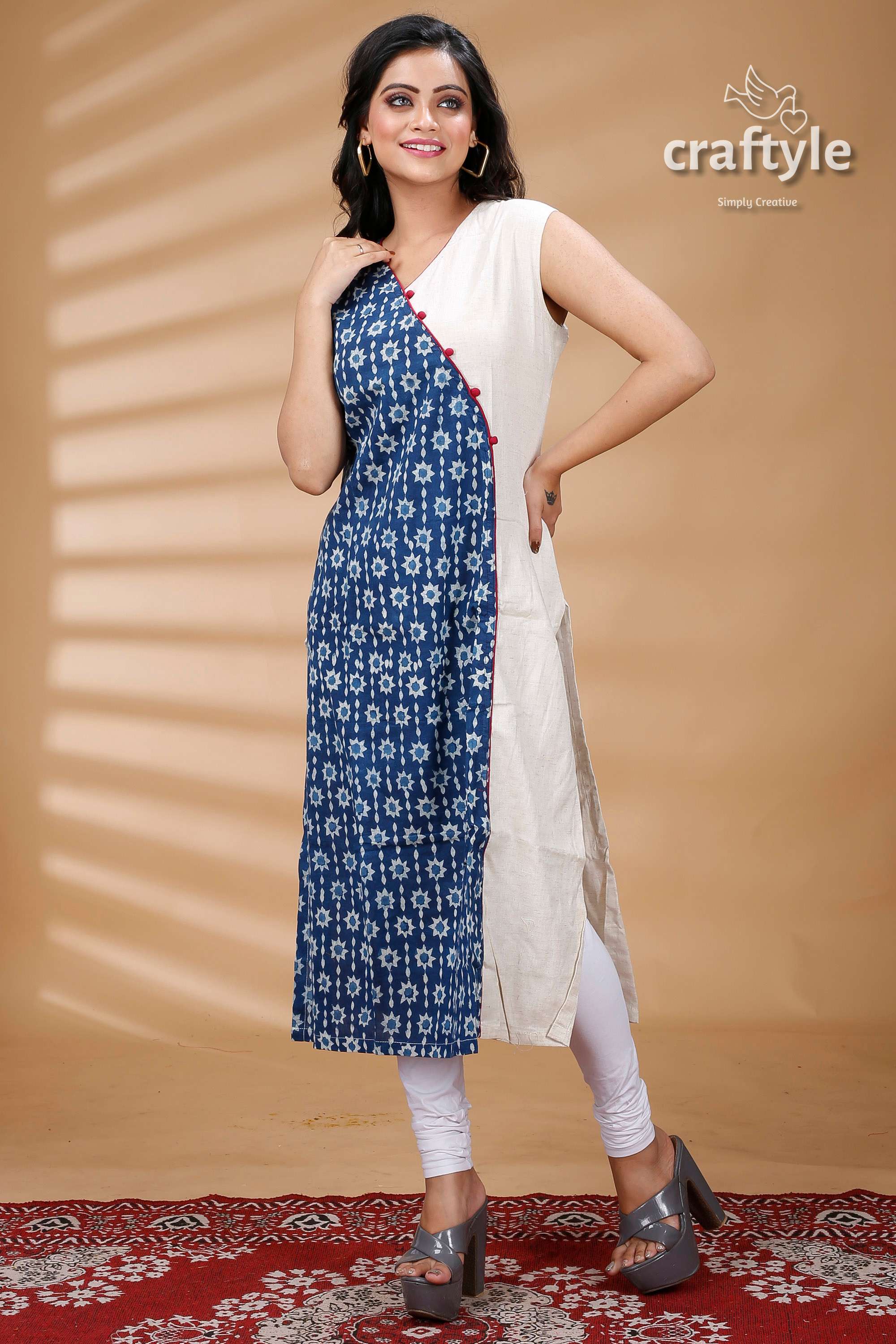 Indigo Blue White Cotton Dabu Print Kurti for Women - Craftyle