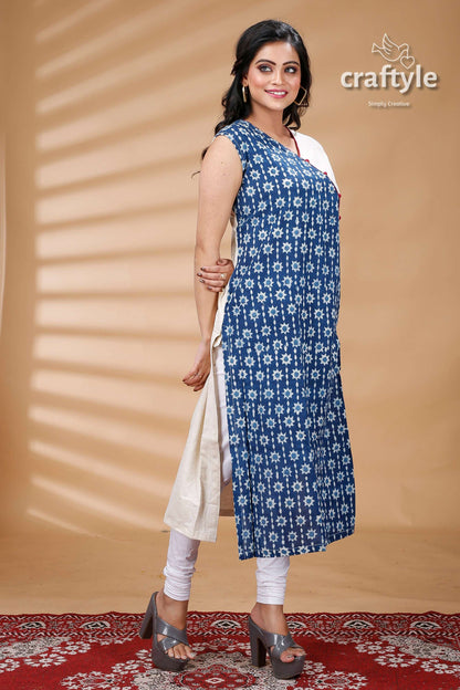 Indigo Blue White Cotton Dabu Print Kurti for Women - Craftyle