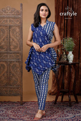 Indigo Blue White Designer Dress with Straight Pant and Top - Craftyle