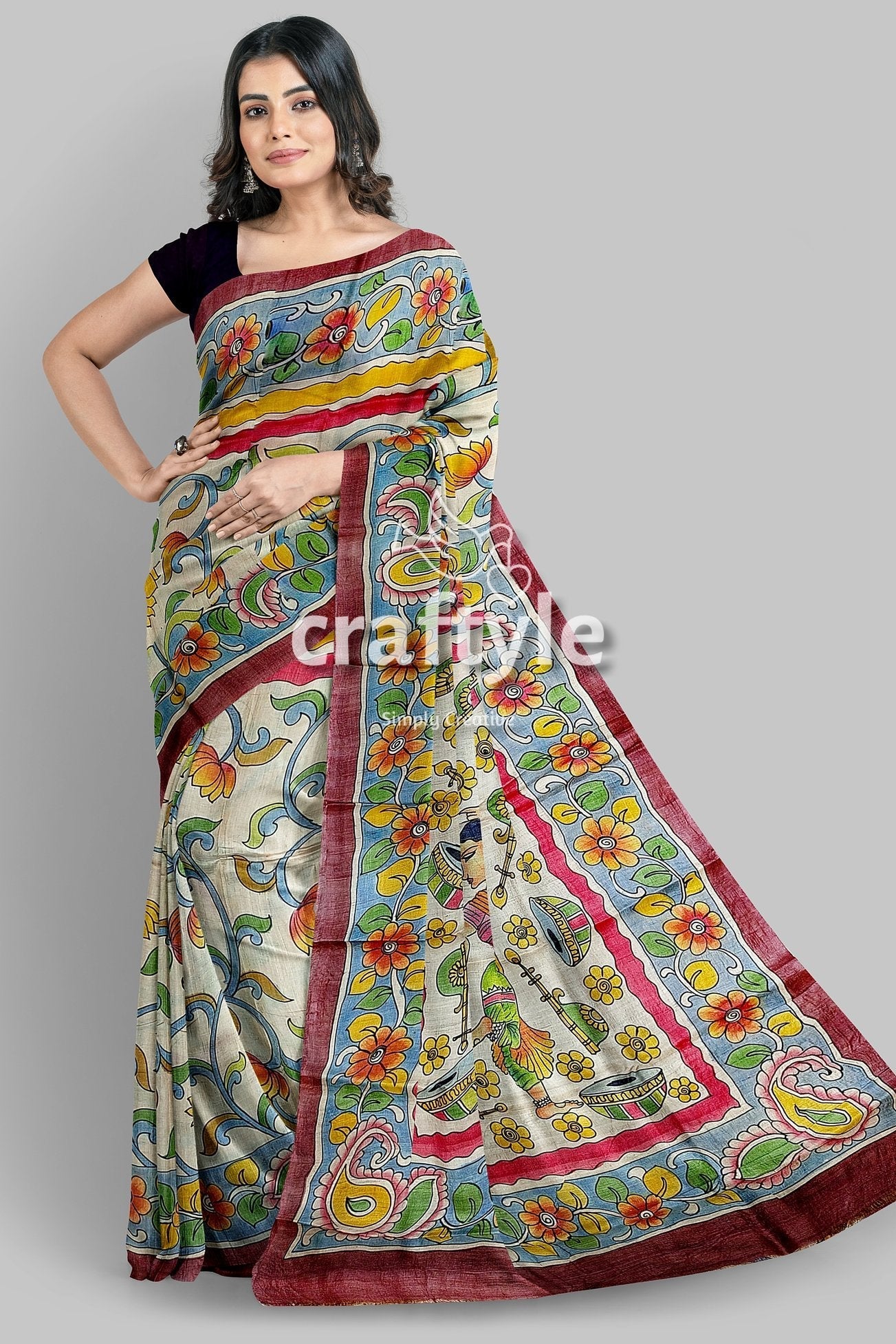 Instrumental Design Hand Painted Pure Tussar Kalamkari Sari - Craftyle