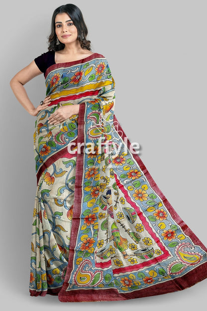 Instrumental Design Hand Painted Pure Tussar Kalamkari Sari - Craftyle