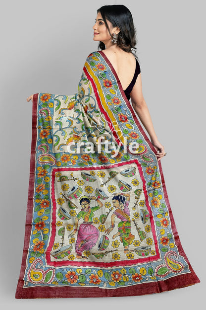 Instrumental Design Hand Painted Pure Tussar Kalamkari Sari - Craftyle