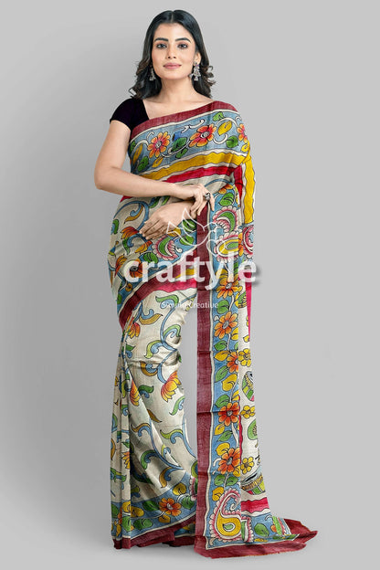 Instrumental Design Hand Painted Pure Tussar Kalamkari Sari - Craftyle