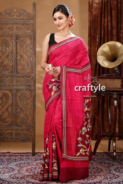 Intricate Hand Batik Kantha Work Cotton Saree-Craftyle