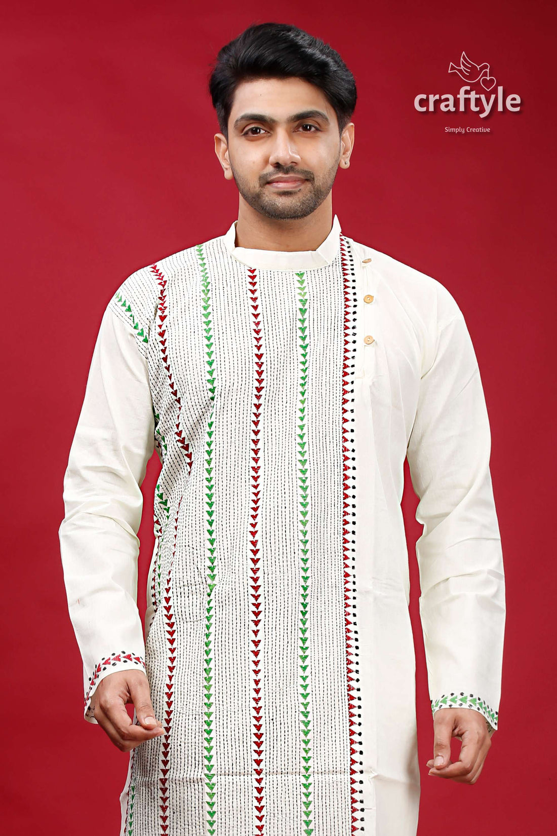 ivory White Kantha Work Ethnic Cotton Kurta for Men - Craftyle