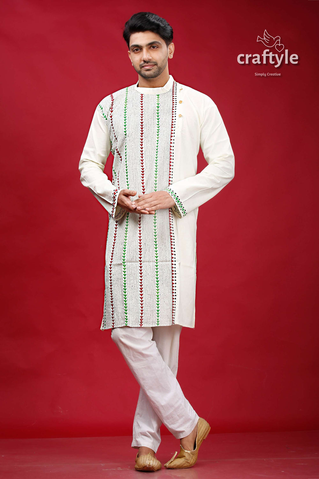 ivory White Kantha Work Ethnic Cotton Kurta for Men - Craftyle