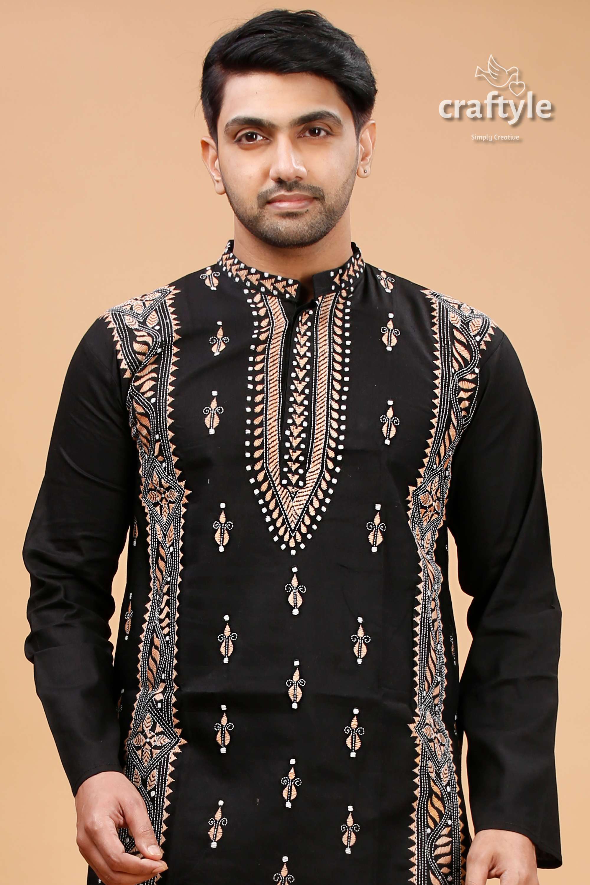 Jade Black and Beige Kantha Work Mens Cotton Ethnic Punjabi - Craftyle