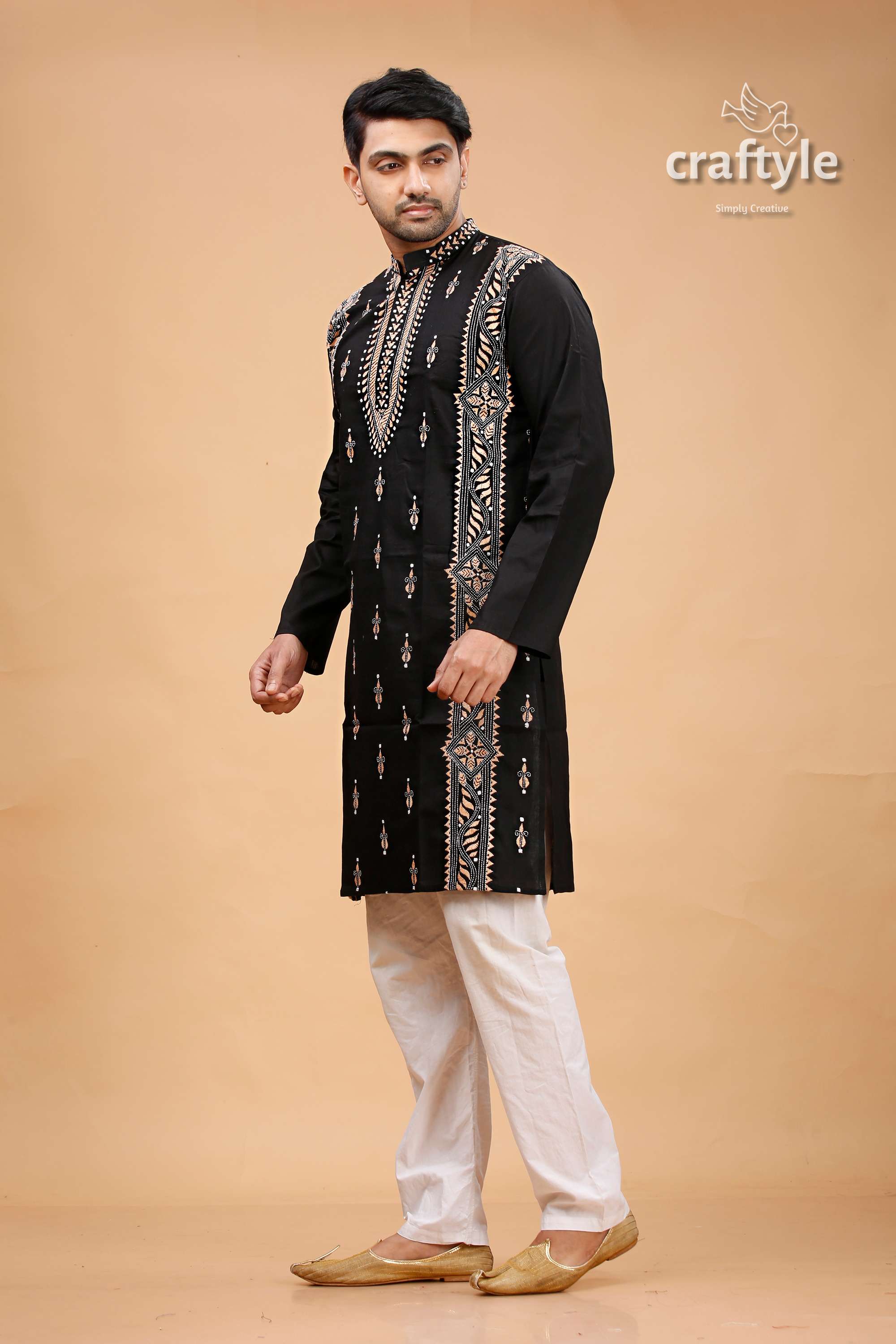 Jade Black and Beige Kantha Work Mens Cotton Ethnic Punjabi - Craftyle