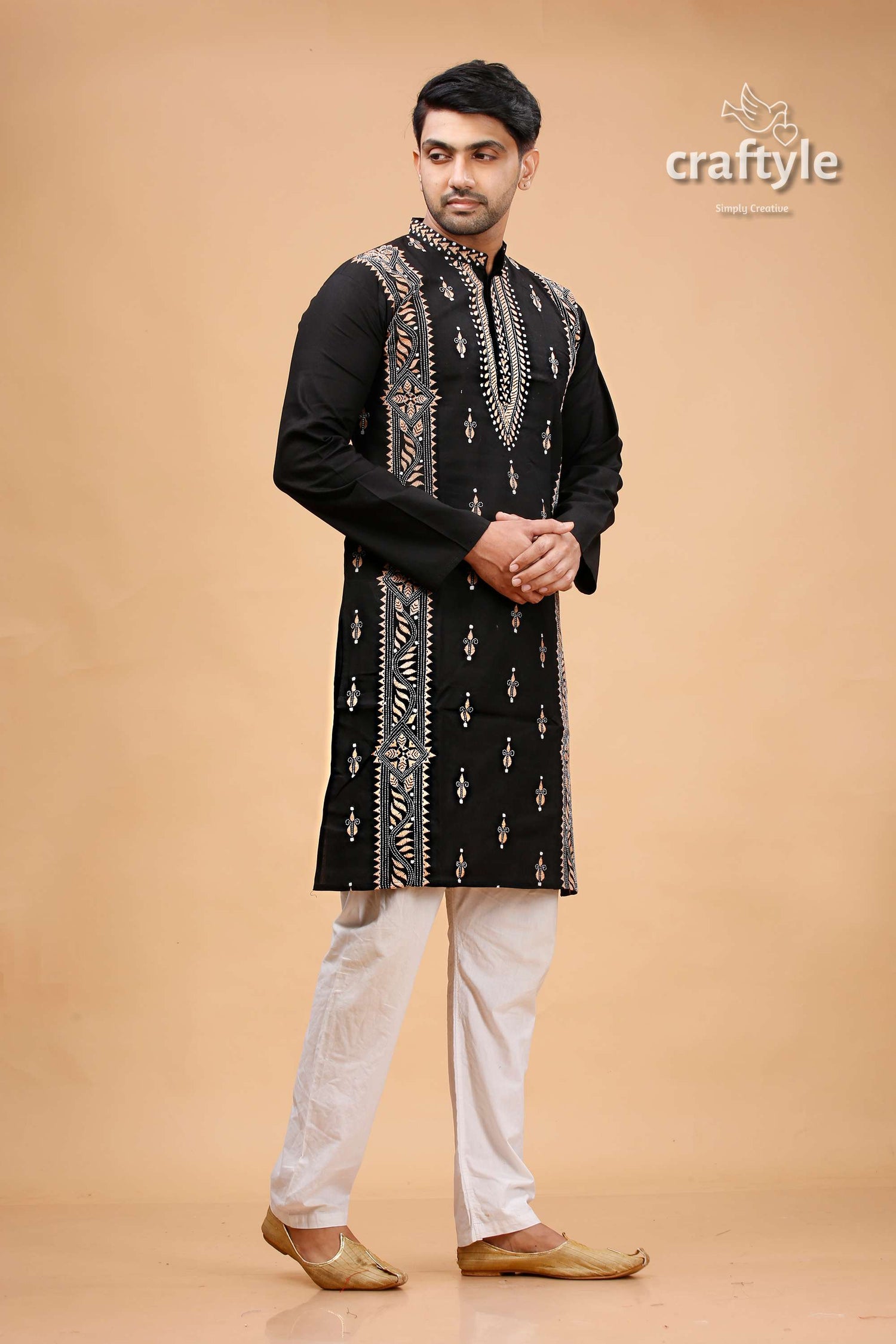 Jade Black and Beige Kantha Work Mens Cotton Ethnic Punjabi - Craftyle