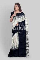 Jade Black White Hand Block Print Pure Mulberry Silk Saree - Traditional Indian Style - Craftyle