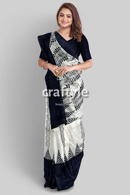 Jade Black White Hand Block Print Pure Mulberry Silk Saree - Traditional Indian Style - Craftyle