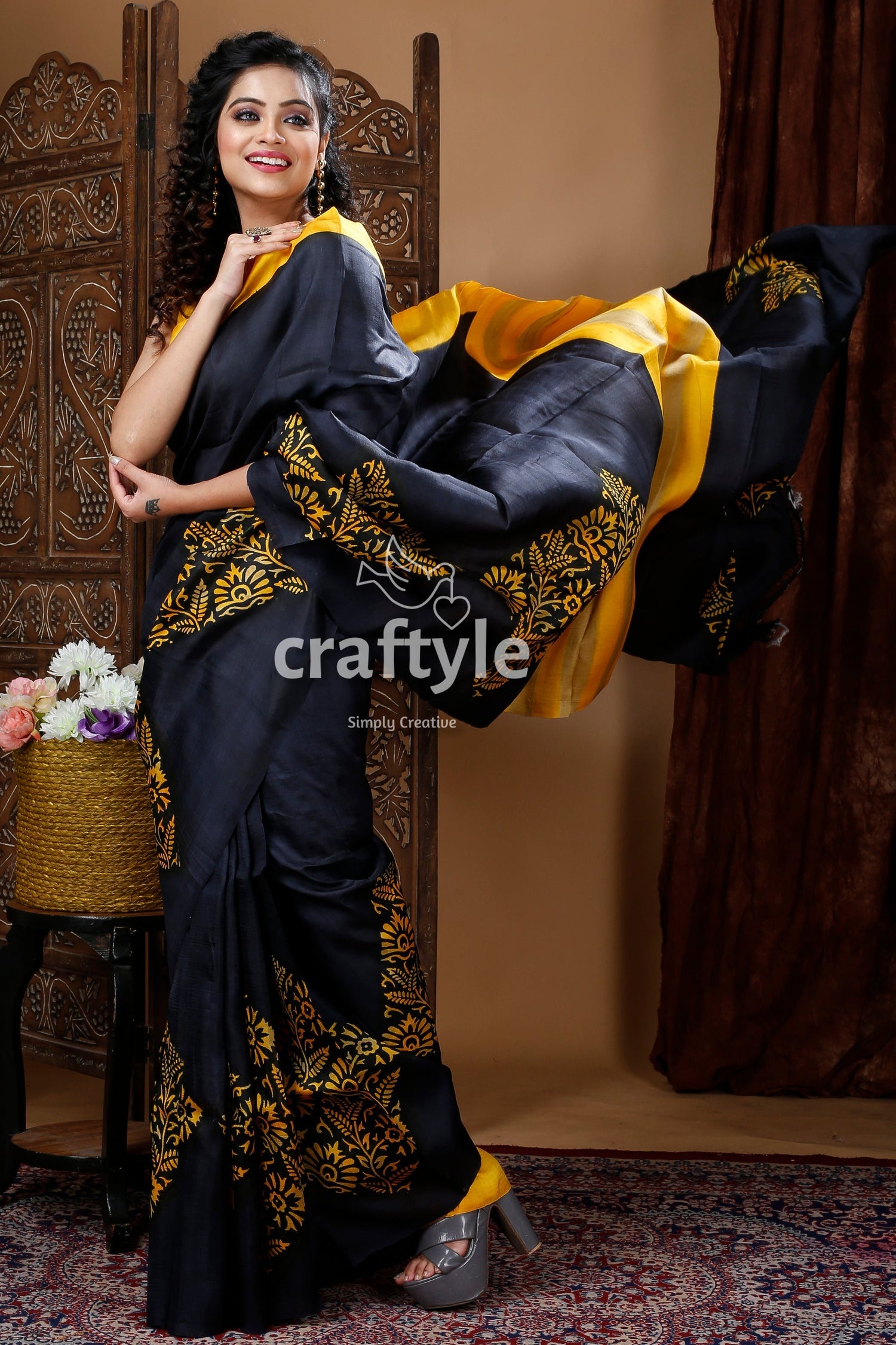 Jet Black Hand Block Mulberryi Pure Silk Saree - Craftyle