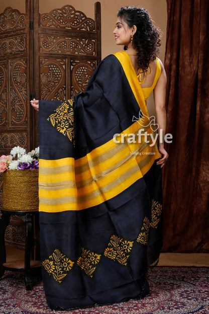 Jet Black Hand Block Mulberryi Pure Silk Saree - Craftyle