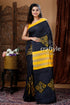 Jet Black Hand Block Mulberryi Pure Silk Saree - Craftyle