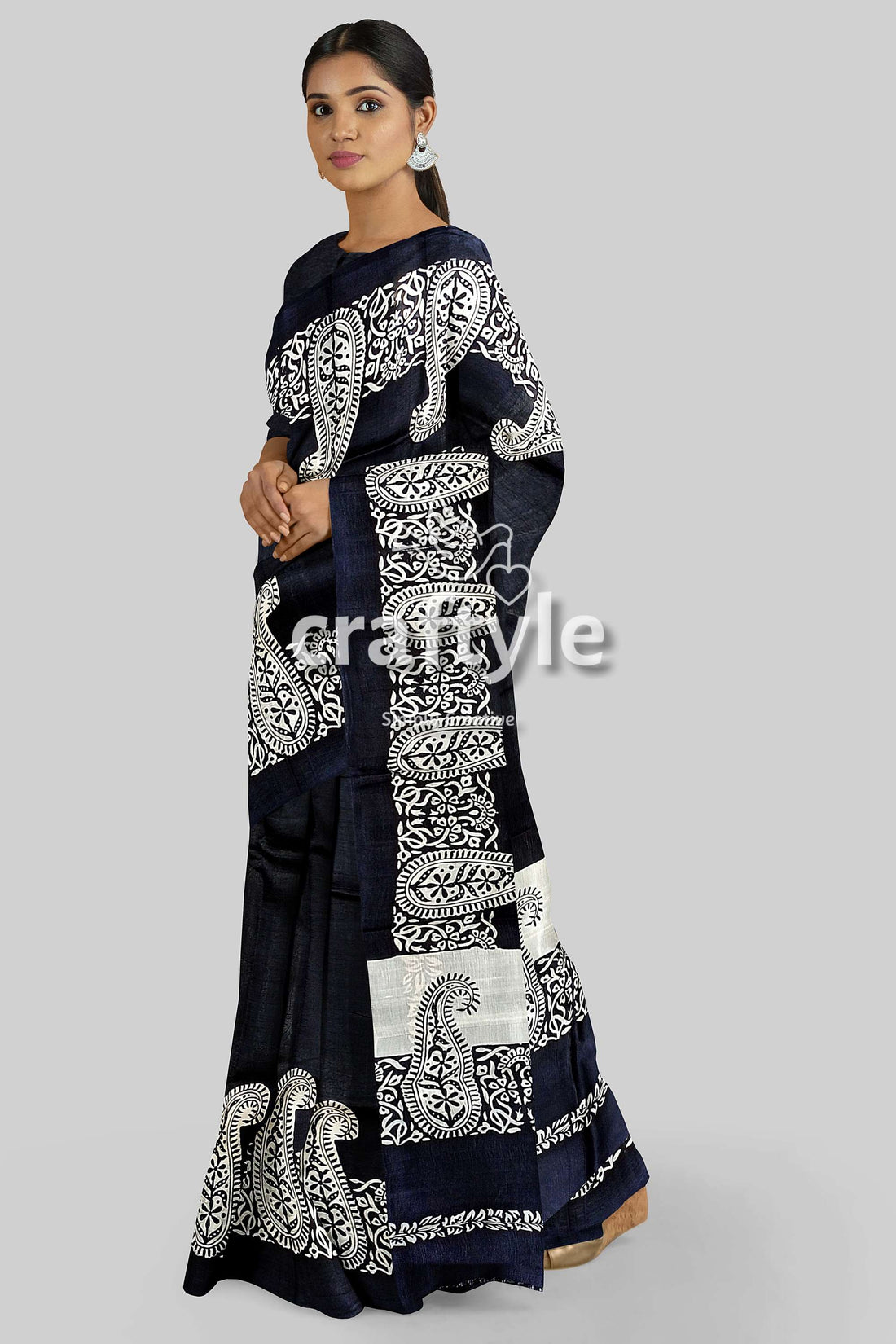 Kalka Motif Mulberry Pure Silk Saree Ink Black and White Hand Block Print - Craftyle