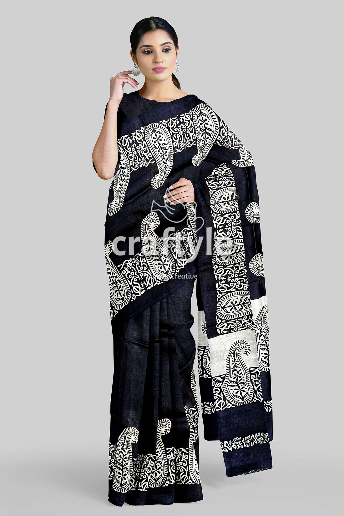 Kalka Motif Mulberry Pure Silk Saree Ink Black and White Hand Block Print - Craftyle