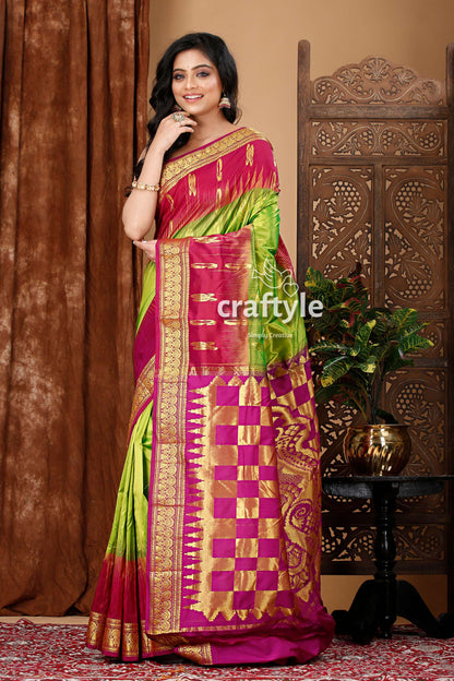 Kelly Green and Dark Magenta Kanjivaram Silk Saree - Craftyle