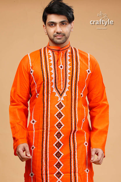 Kutch Design Vivid Orange Kantha Stitch Cotton Panjabi for Men - Craftyle