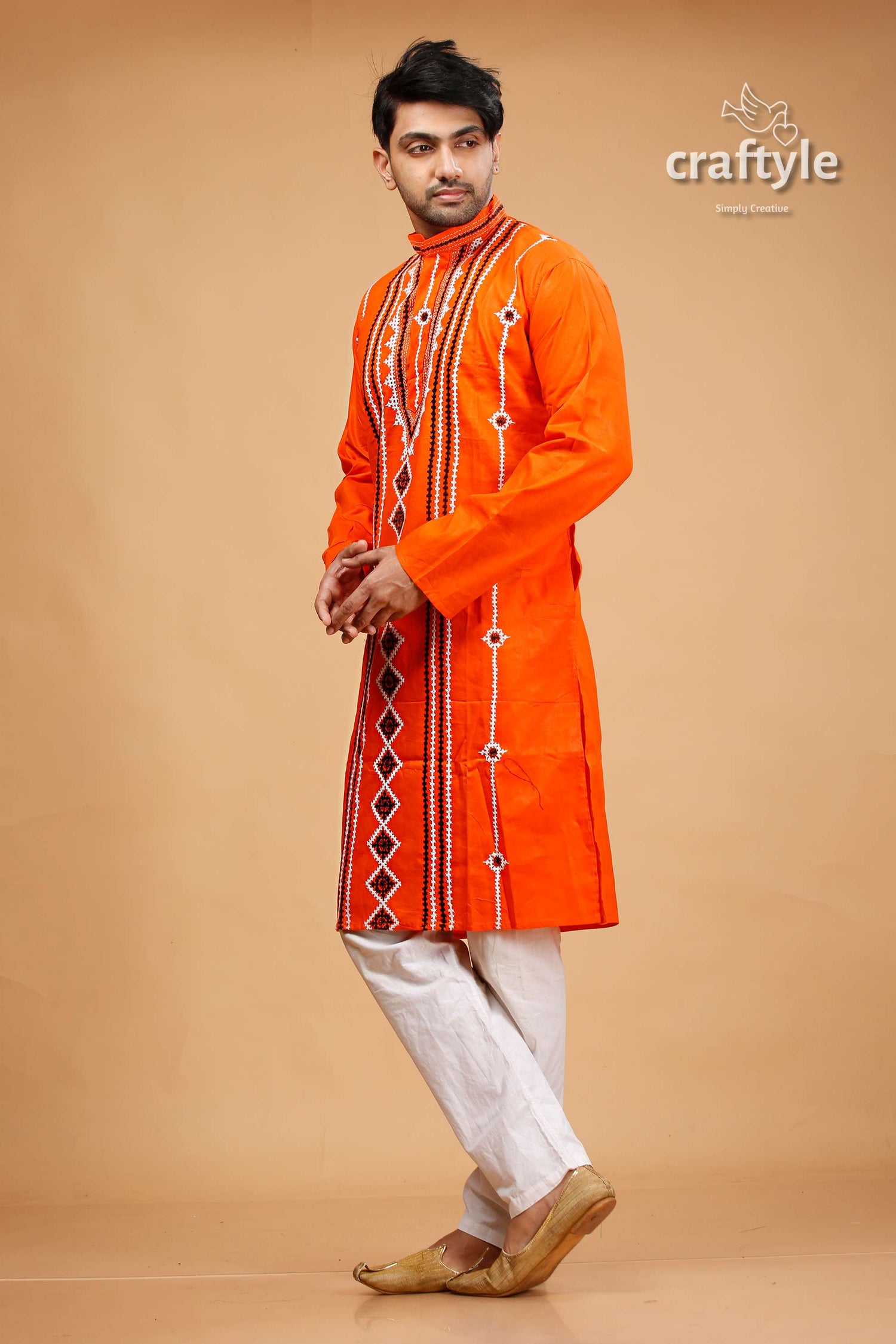 Kutch Design Vivid Orange Kantha Stitch Cotton Panjabi for Men - Craftyle