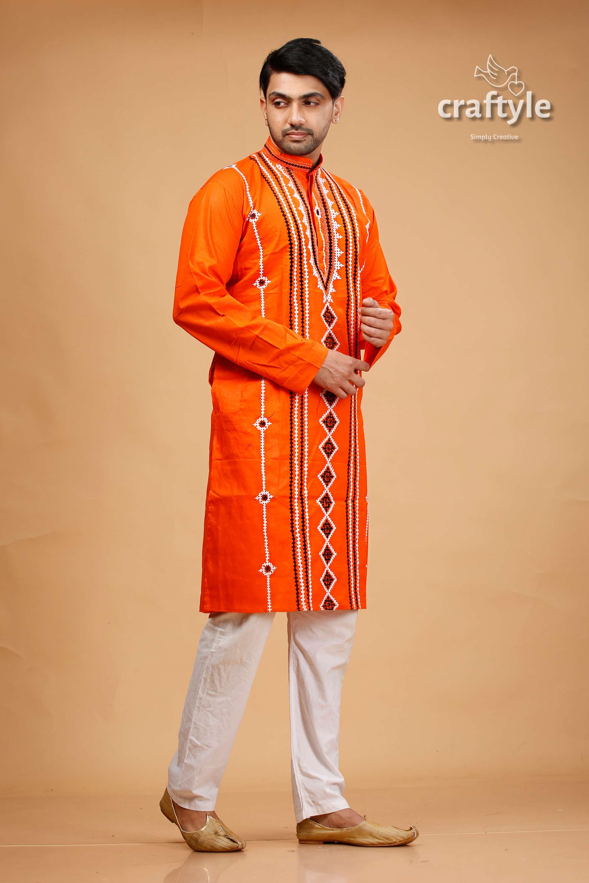 Kutch Design Vivid Orange Kantha Stitch Cotton Panjabi for Men - Craftyle